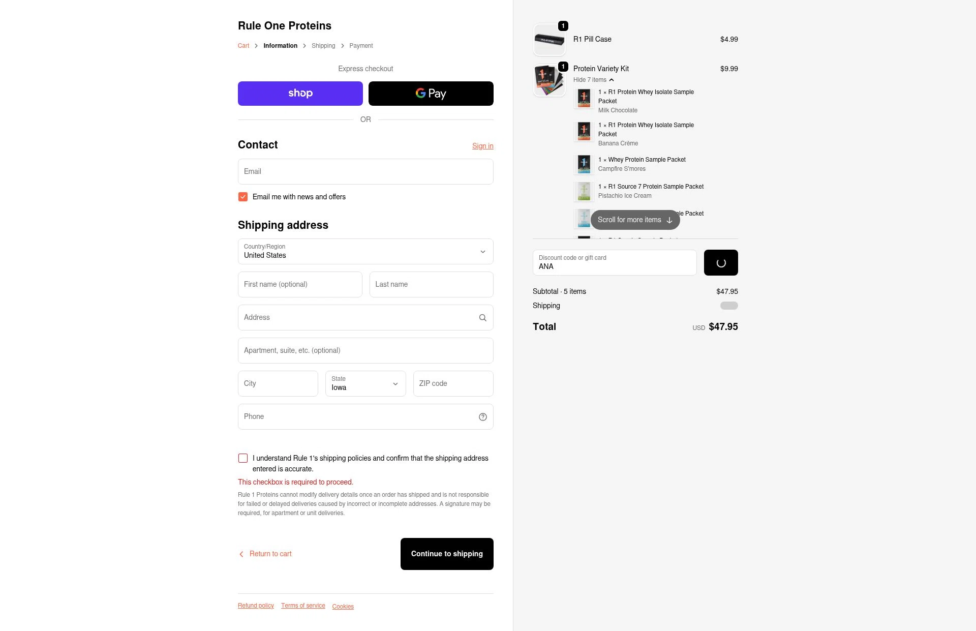 Rule One Proteins checkout page showing Rule One Proteins promo code box | Screenshot taken by SimplyCodes community member on Feb 10, 2026