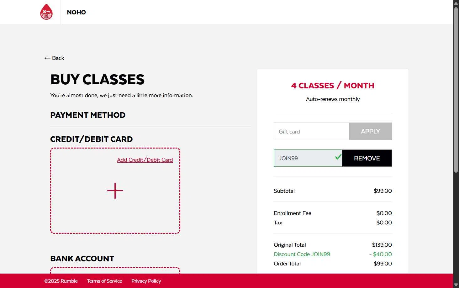 Rumble checkout page showing Rumble promo code box | Screenshot taken by SimplyCodes community member on Oct 18, 2025