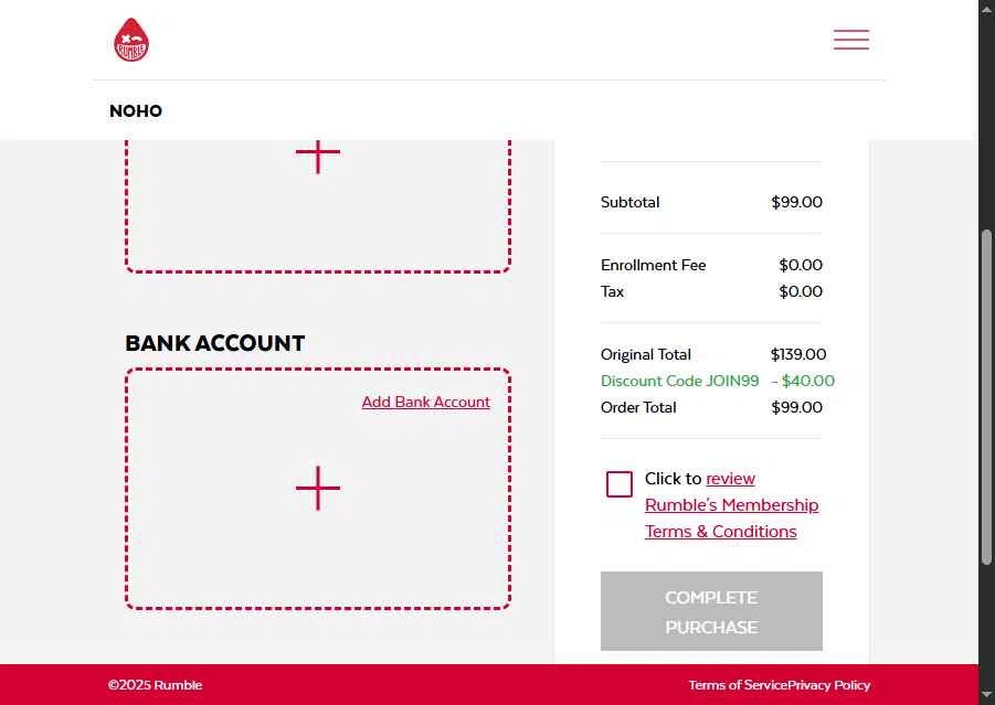 Rumble checkout page showing Rumble promo code box | Screenshot taken by SimplyCodes community member on Dec 15, 2025