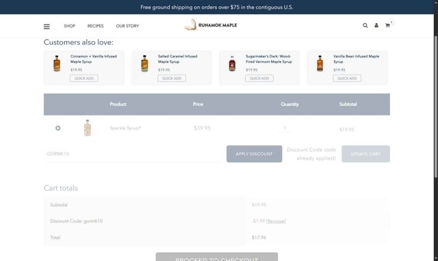 Runamok Maple checkout page showing Runamok Maple discount code box | Screenshot taken by SimplyCodes community member on Aug 22, 2025
