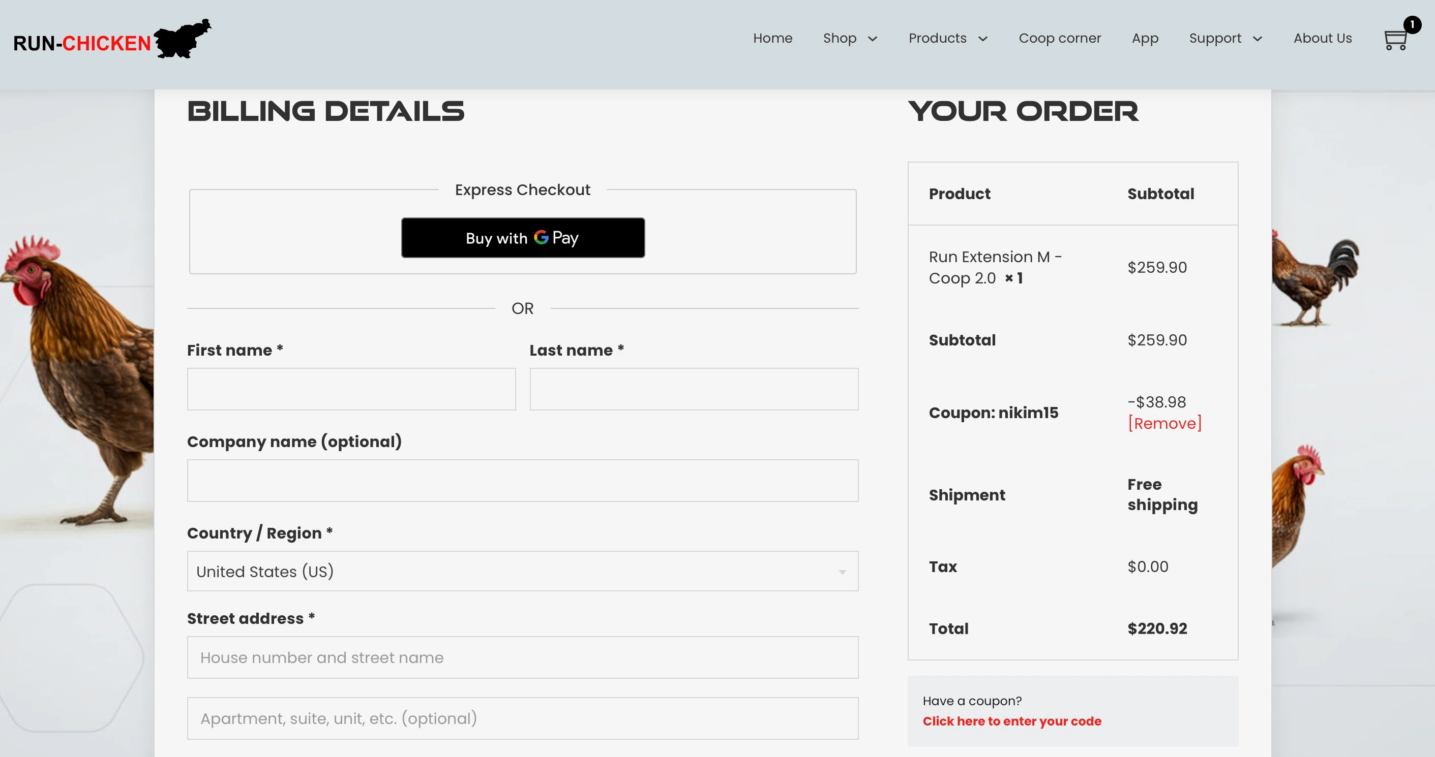RUN-CHICKEN promo code screenshot showing code NIKIM15 applied at RUN-CHICKEN checkout page. Uploaded by SimplyCodes community member DealFinder151525 on Jun 12, 2026