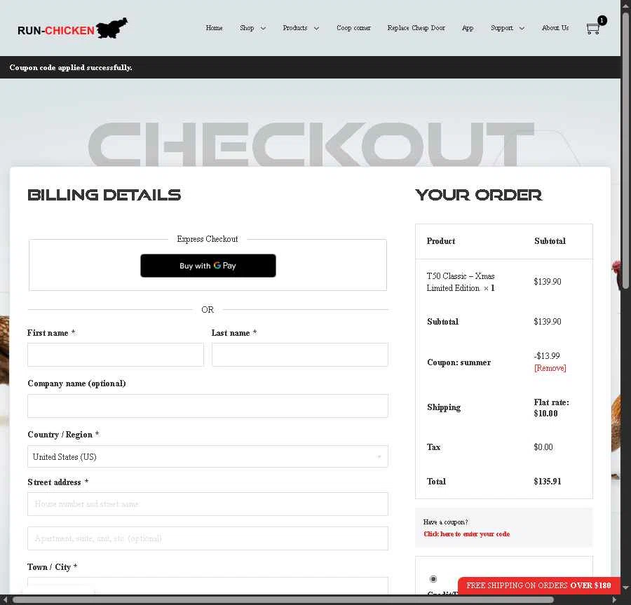 RUN-CHICKEN checkout page showing RUN-CHICKEN promo code box | Screenshot taken by SimplyCodes community member on Jan 13, 2026
