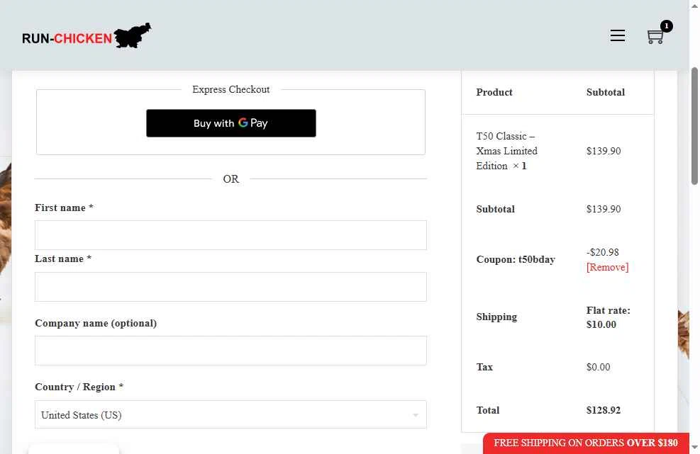 RUN-CHICKEN checkout page showing RUN-CHICKEN promo code box | Screenshot taken by SimplyCodes community member on Jan 13, 2026