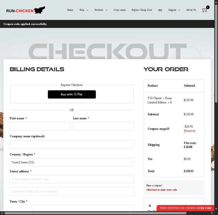 RUN-CHICKEN checkout page showing RUN-CHICKEN promo code box | Screenshot taken by SimplyCodes community member on Jan 13, 2026