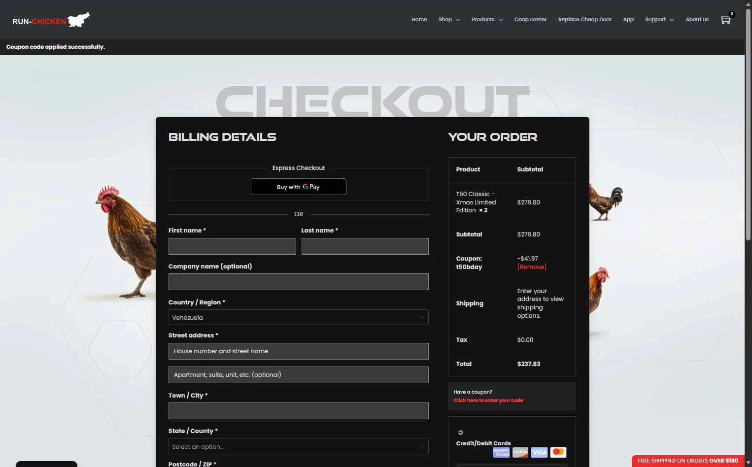 RUN-CHICKEN checkout page showing RUN-CHICKEN promo code box | Screenshot taken by SimplyCodes community member on Jan 1, 2026