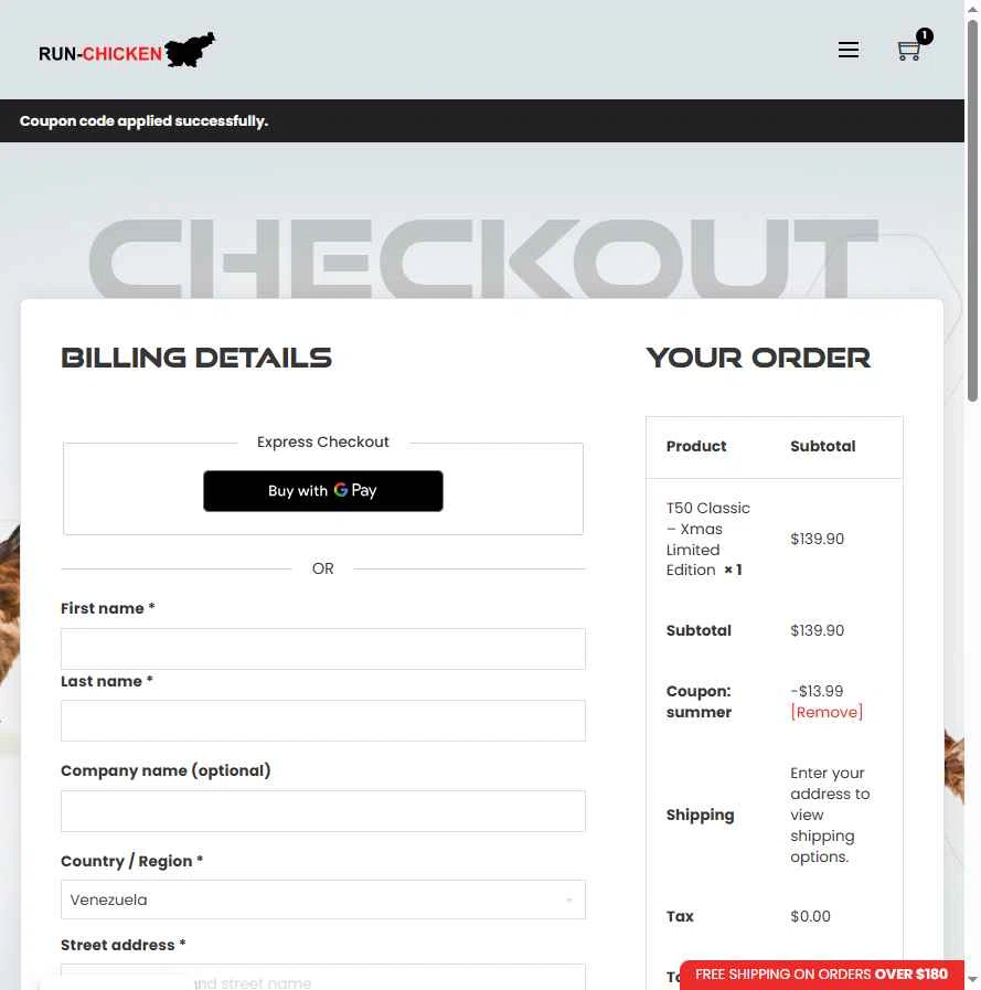 RUN-CHICKEN checkout page showing RUN-CHICKEN promo code box | Screenshot taken by SimplyCodes community member on Jan 4, 2026