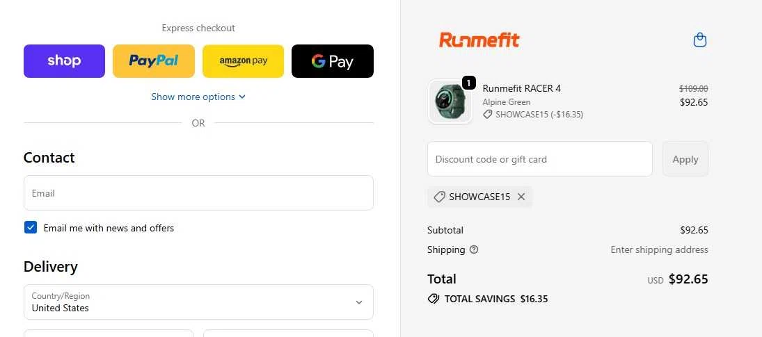 Runmefit promo code screenshot showing code SHOWCASE15 applied at Runmefit checkout page. Uploaded by SimplyCodes community member RewardNavigator613 on Nov 14, 2025