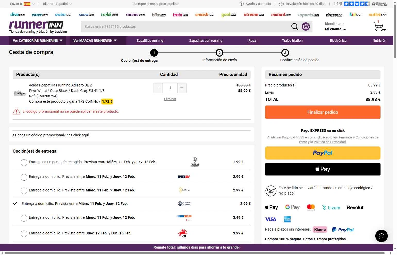 RunnerINN checkout page showing RunnerINN promo code box | Screenshot taken by SimplyCodes community member on Feb 10, 2026