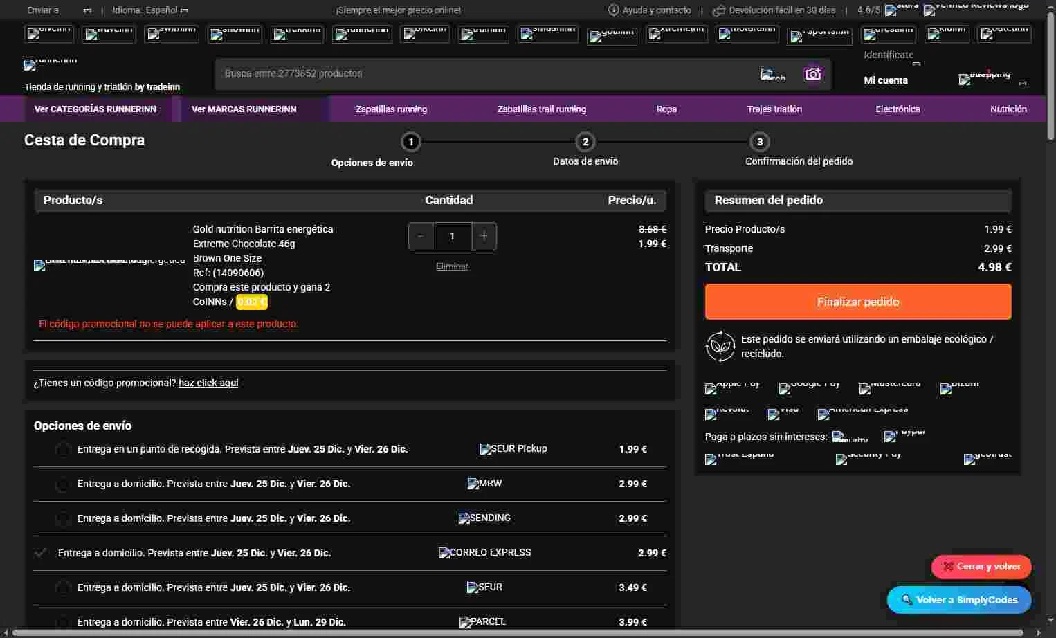 RunnerINN checkout page showing RunnerINN promo code box | Screenshot taken by SimplyCodes community member on Dec 24, 2025