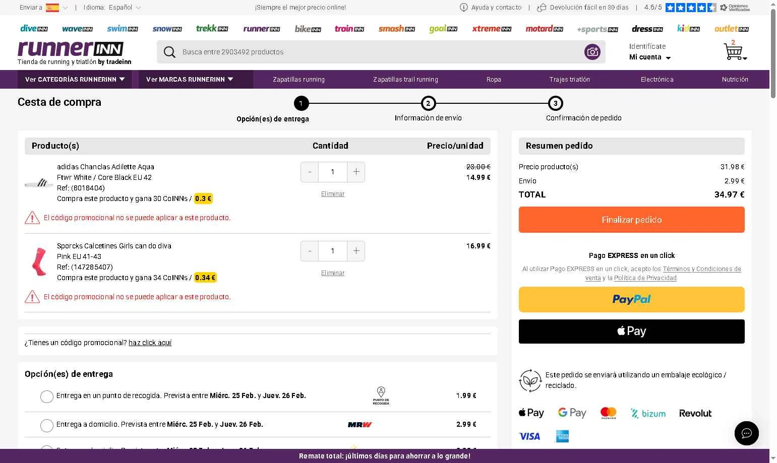 RunnerINN checkout page showing RunnerINN promo code box | Screenshot taken by SimplyCodes community member on Feb 23, 2026