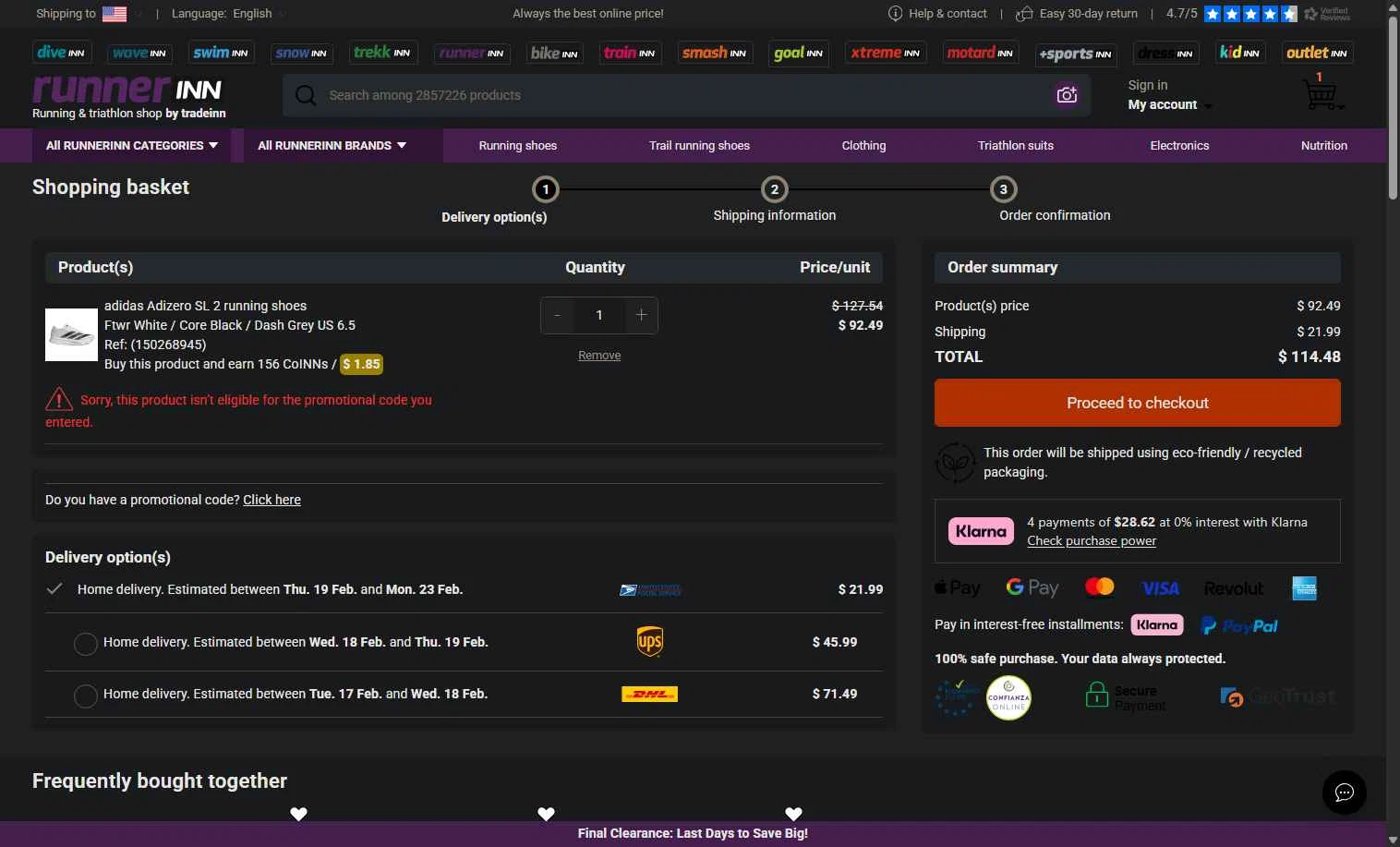 RunnerINN checkout page showing RunnerINN promo code box | Screenshot taken by SimplyCodes community member on Feb 14, 2026