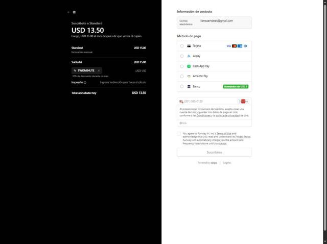 Runway AI checkout page showing Runway AI promo code box | Screenshot taken by SimplyCodes community member on Aug 7, 2025