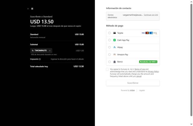 Runway AI checkout page showing Runway AI promo code box | Screenshot taken by SimplyCodes community member on Aug 16, 2025