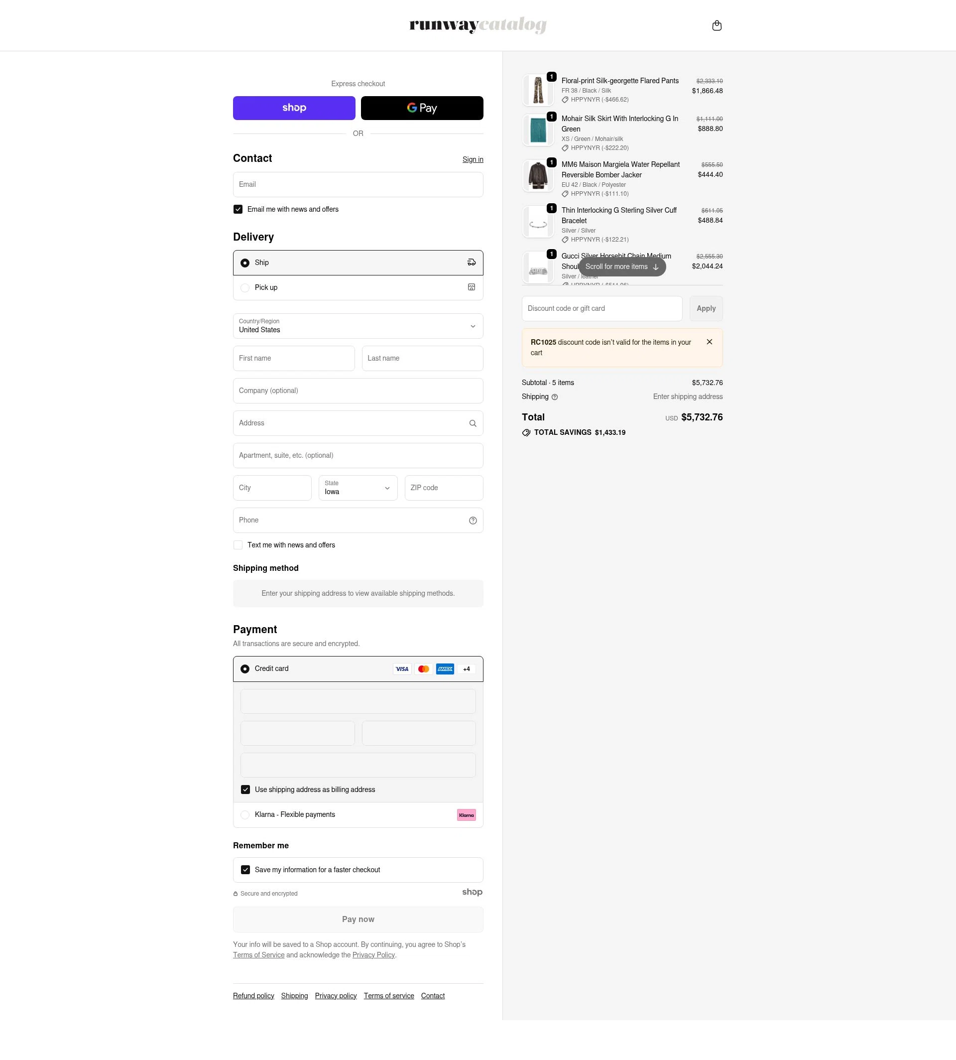 Runway Catalog checkout page showing Runway Catalog promo code box | Screenshot taken by SimplyCodes community member on Dec 20, 2025