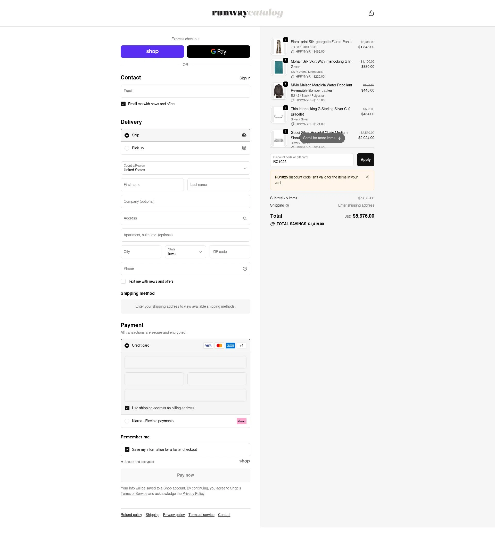 Runway Catalog checkout page showing Runway Catalog promo code box | Screenshot taken by SimplyCodes community member on Dec 13, 2025
