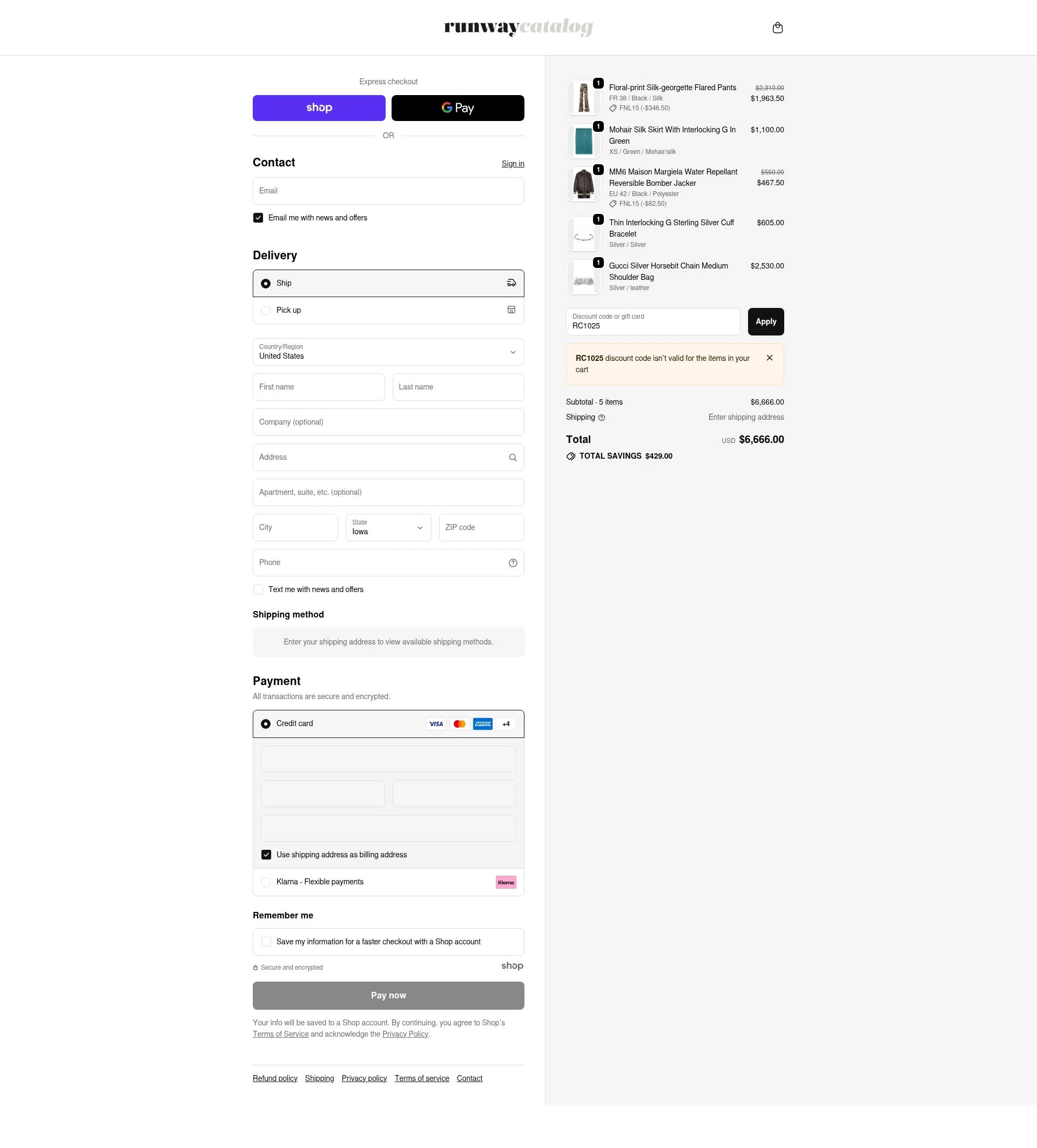 Runway Catalog checkout page showing Runway Catalog promo code box | Screenshot taken by SimplyCodes community member on Dec 7, 2025
