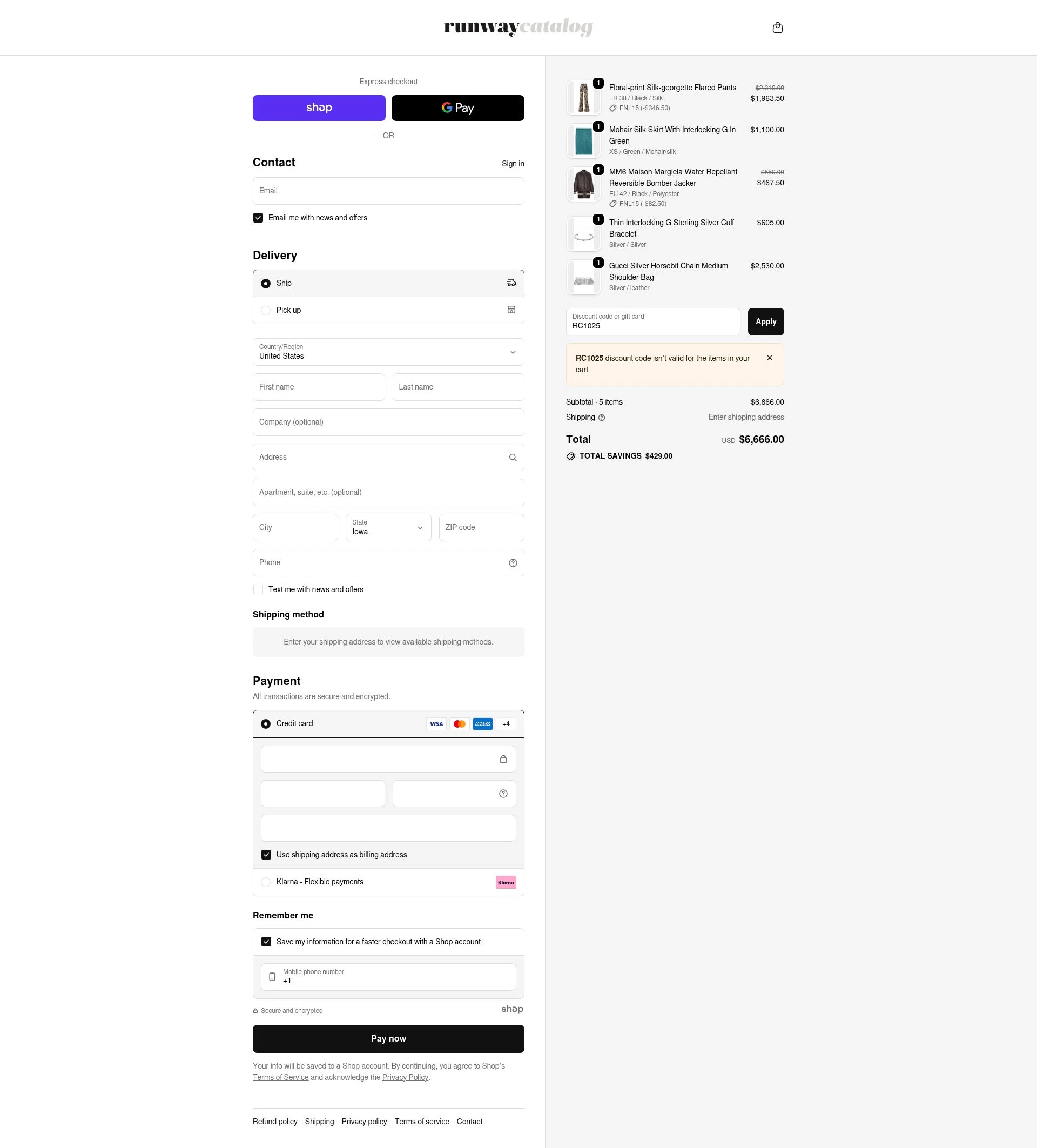 Runway Catalog checkout page showing Runway Catalog promo code box | Screenshot taken by SimplyCodes community member on Dec 2, 2025