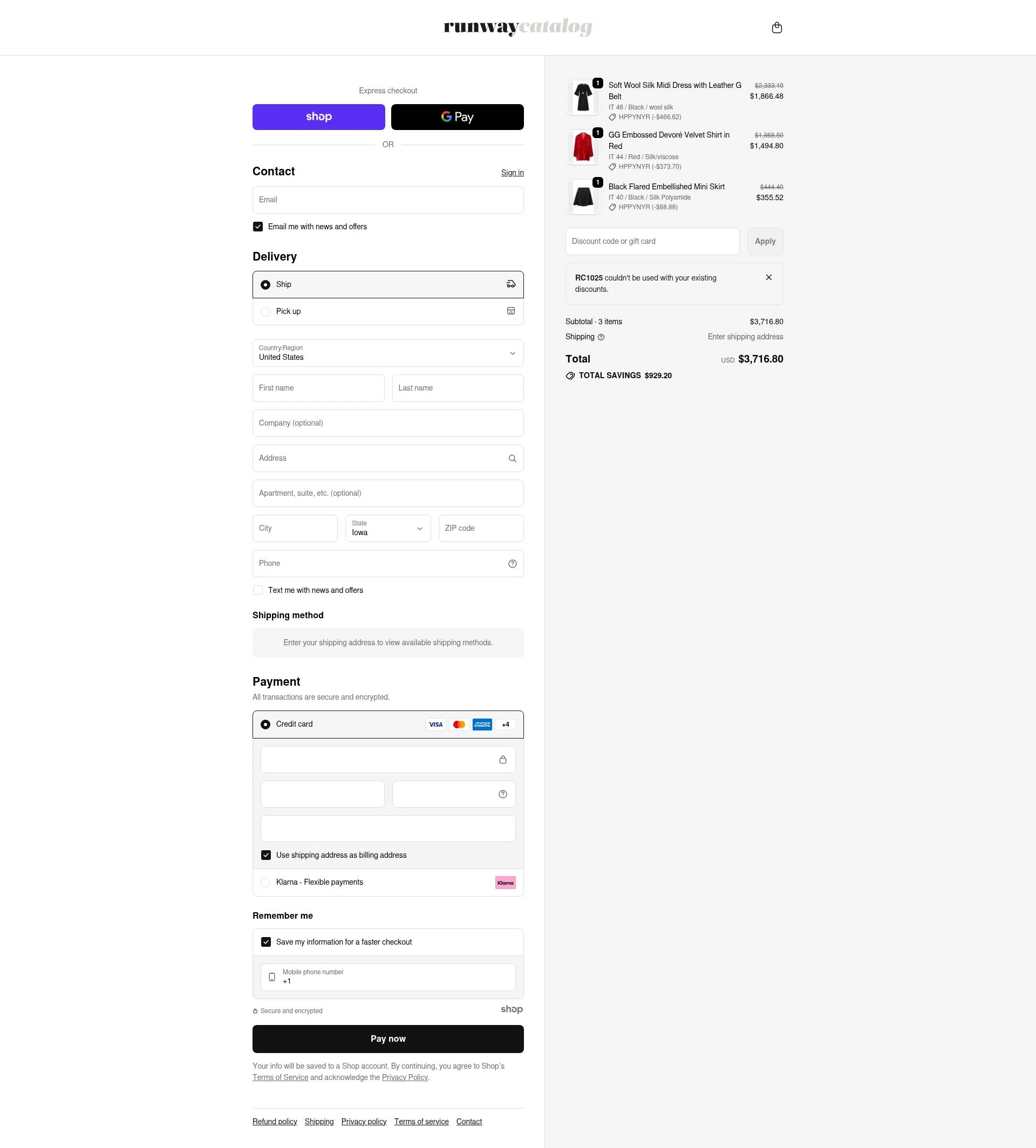 Runway Catalog checkout page showing Runway Catalog promo code box | Screenshot taken by SimplyCodes community member on Dec 30, 2025