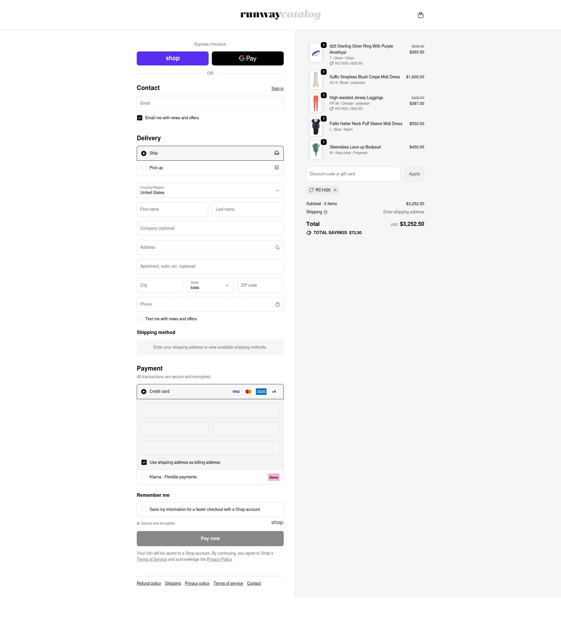 Runway Catalog checkout page showing Runway Catalog promo code box | Screenshot taken by SimplyCodes community member on Nov 12, 2025