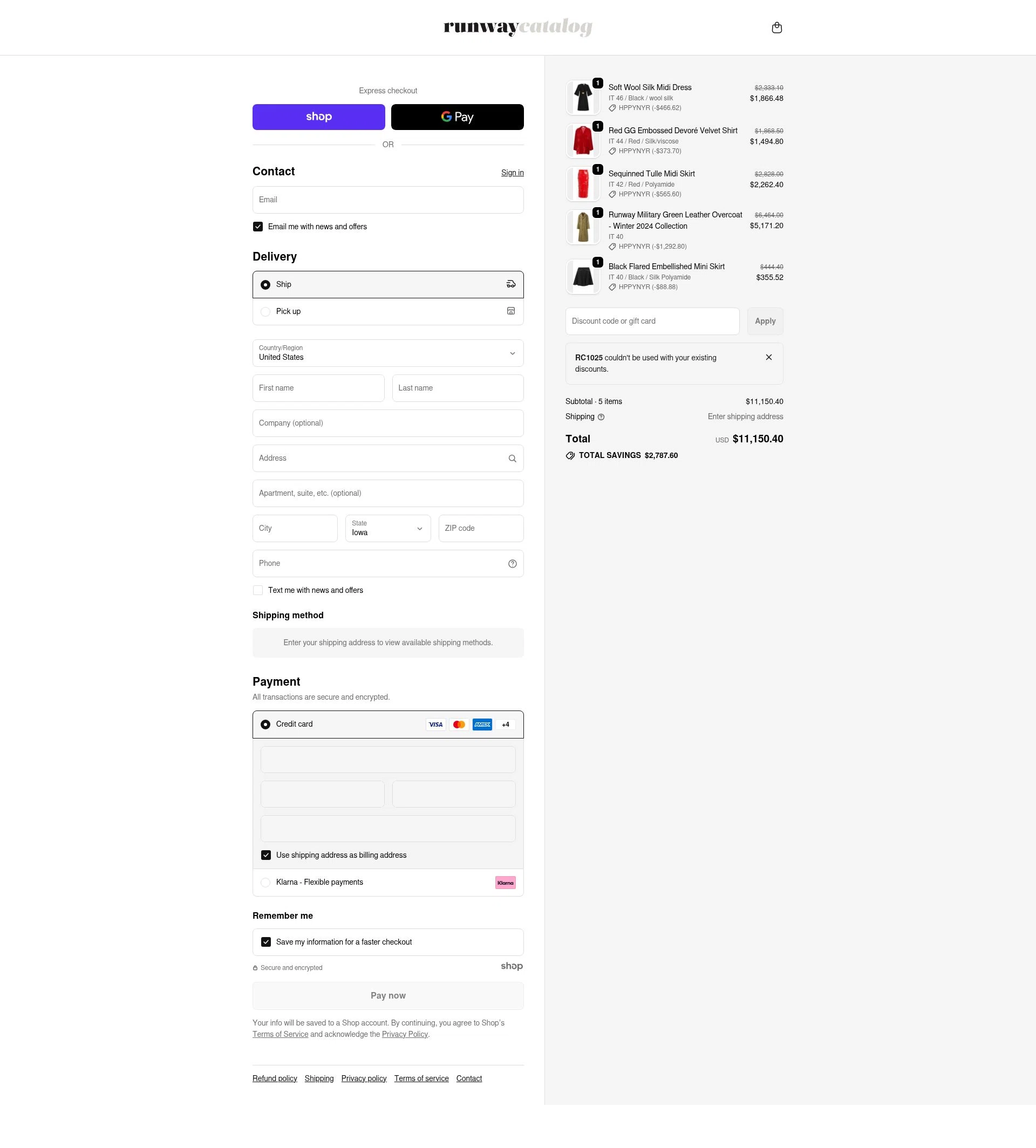 Runway Catalog checkout page showing Runway Catalog promo code box | Screenshot taken by SimplyCodes community member on Dec 25, 2025