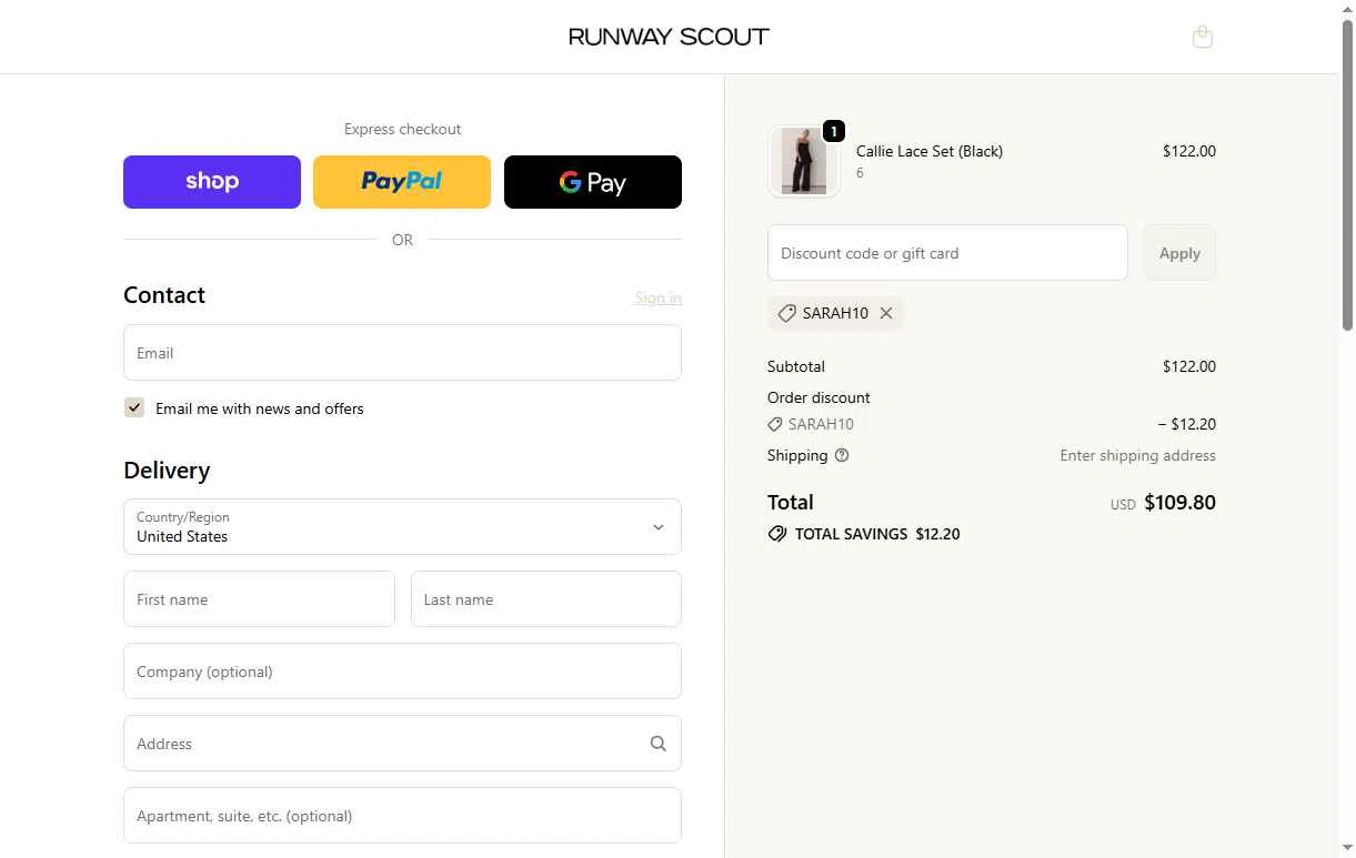 RunwayScout checkout page showing RunwayScout promo code box | Screenshot taken by SimplyCodes community member on Feb 13, 2026