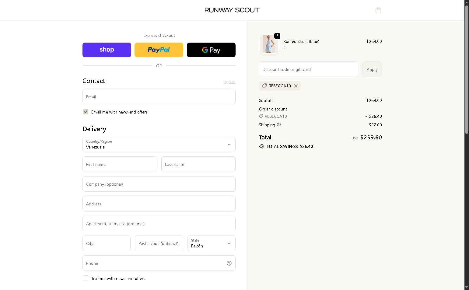 RunwayScout checkout page showing RunwayScout promo code box | Screenshot taken by SimplyCodes community member on Feb 13, 2026