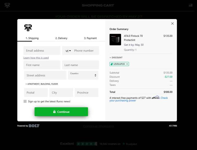 Ruroc checkout page showing Ruroc discount code box | Screenshot taken by SimplyCodes community member on May 25, 2025