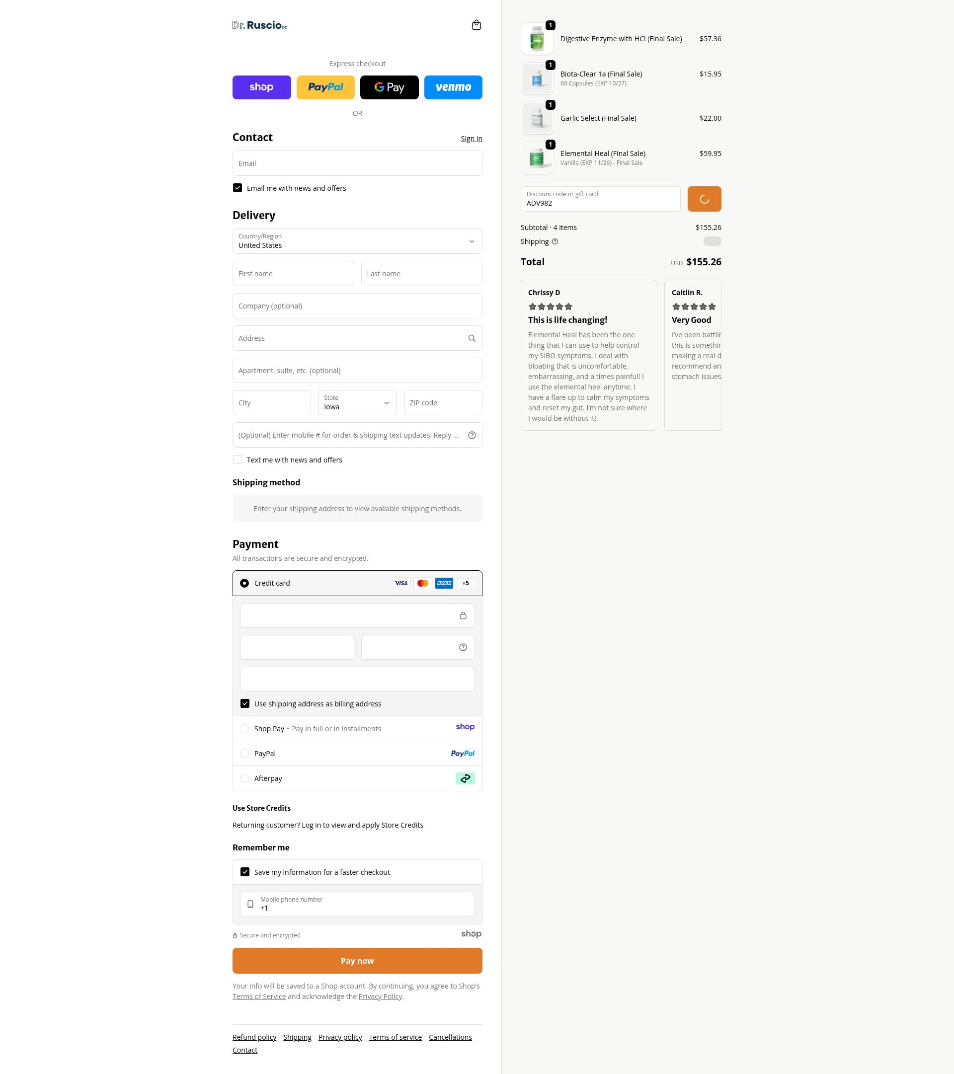 Ruscio Institute Online Store checkout page showing Ruscio Institute Online Store promo code box | Screenshot taken by SimplyCodes community member on Jan 5, 2026