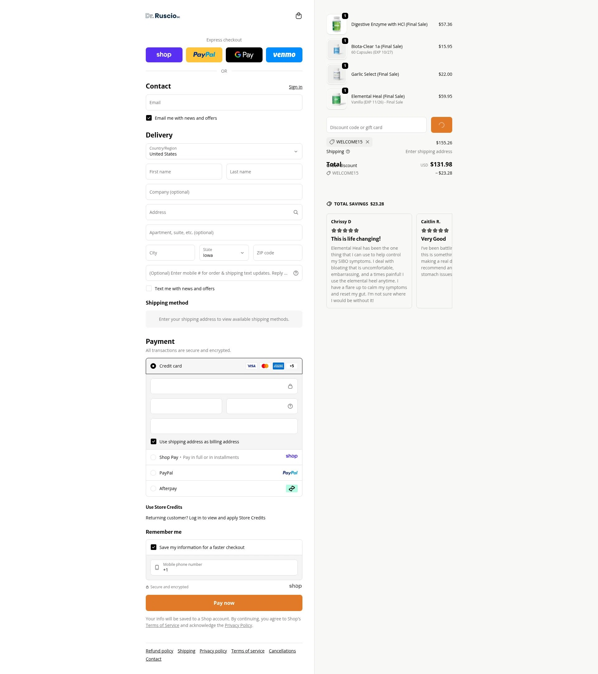 Ruscio Institute Online Store checkout page showing Ruscio Institute Online Store promo code box | Screenshot taken by SimplyCodes community member on Jan 5, 2026