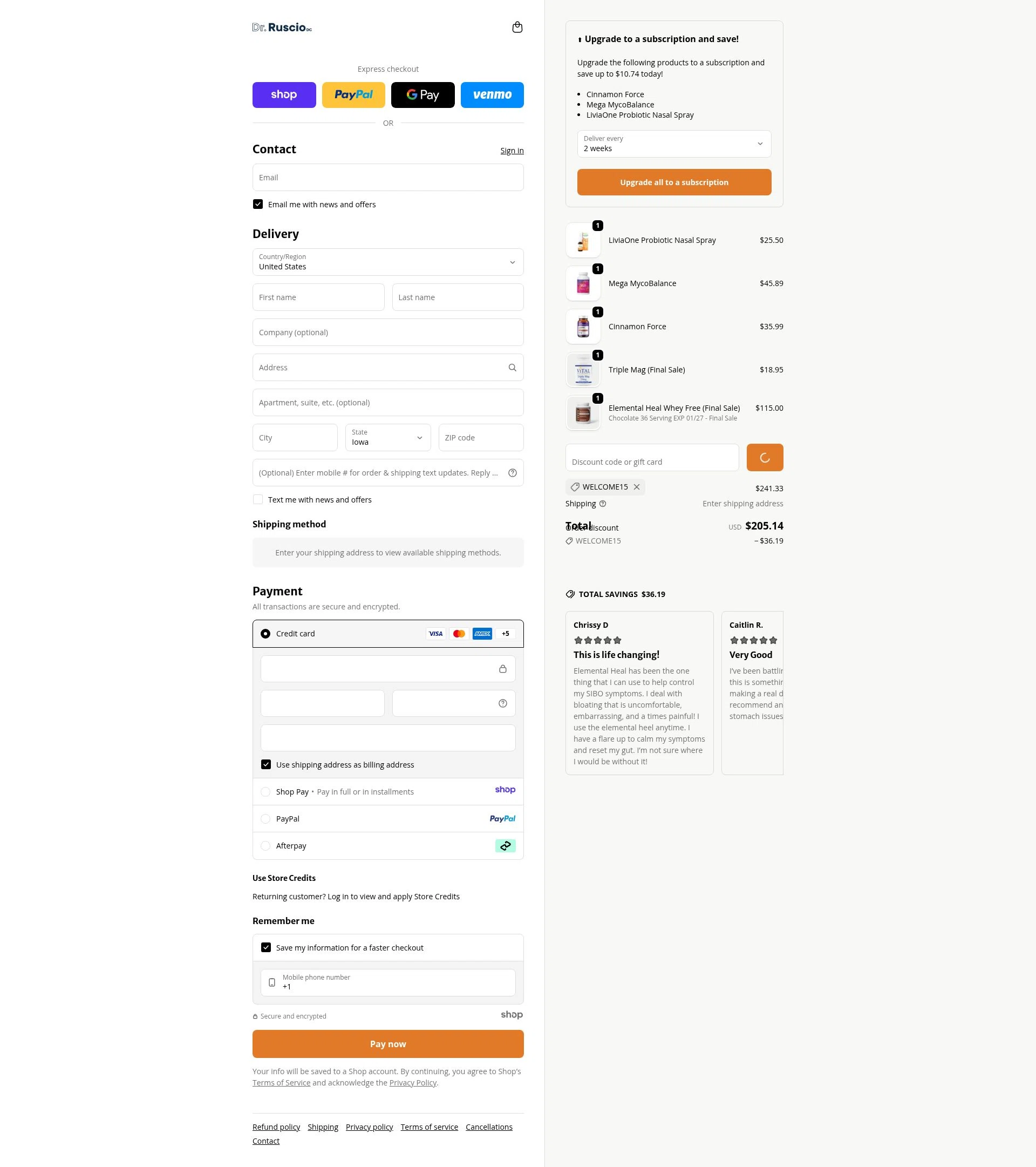 Ruscio Institute Online Store checkout page showing Ruscio Institute Online Store promo code box | Screenshot taken by SimplyCodes community member on Jan 10, 2026