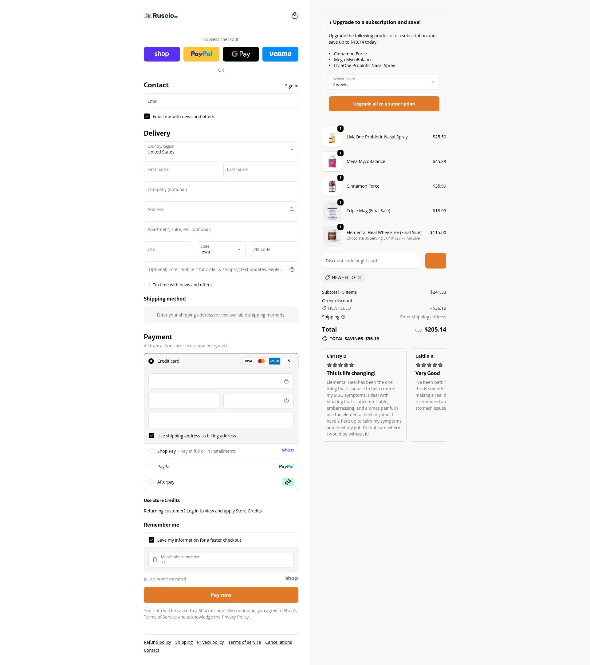 Ruscio Institute Online Store checkout page showing Ruscio Institute Online Store promo code box | Screenshot taken by SimplyCodes community member on Jan 10, 2026