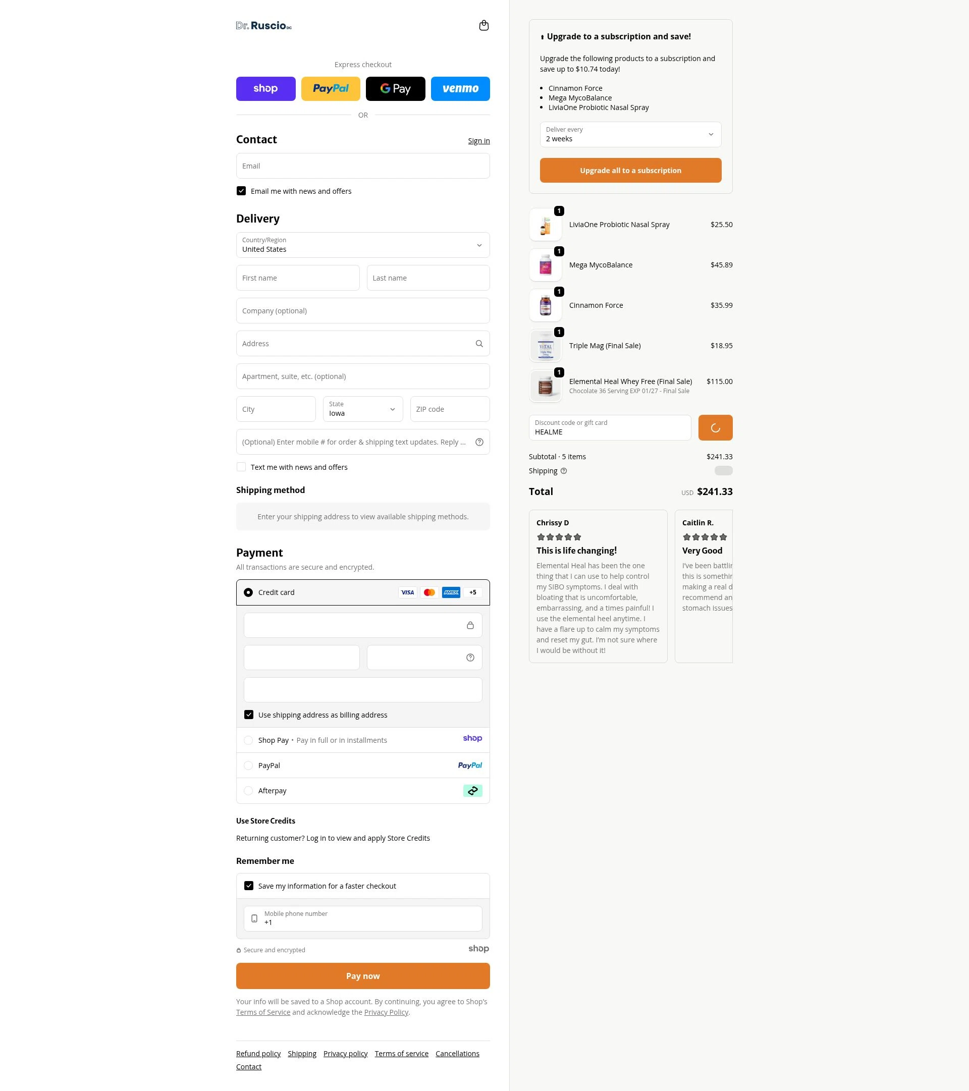 Ruscio Institute Online Store checkout page showing Ruscio Institute Online Store promo code box | Screenshot taken by SimplyCodes community member on Jan 10, 2026