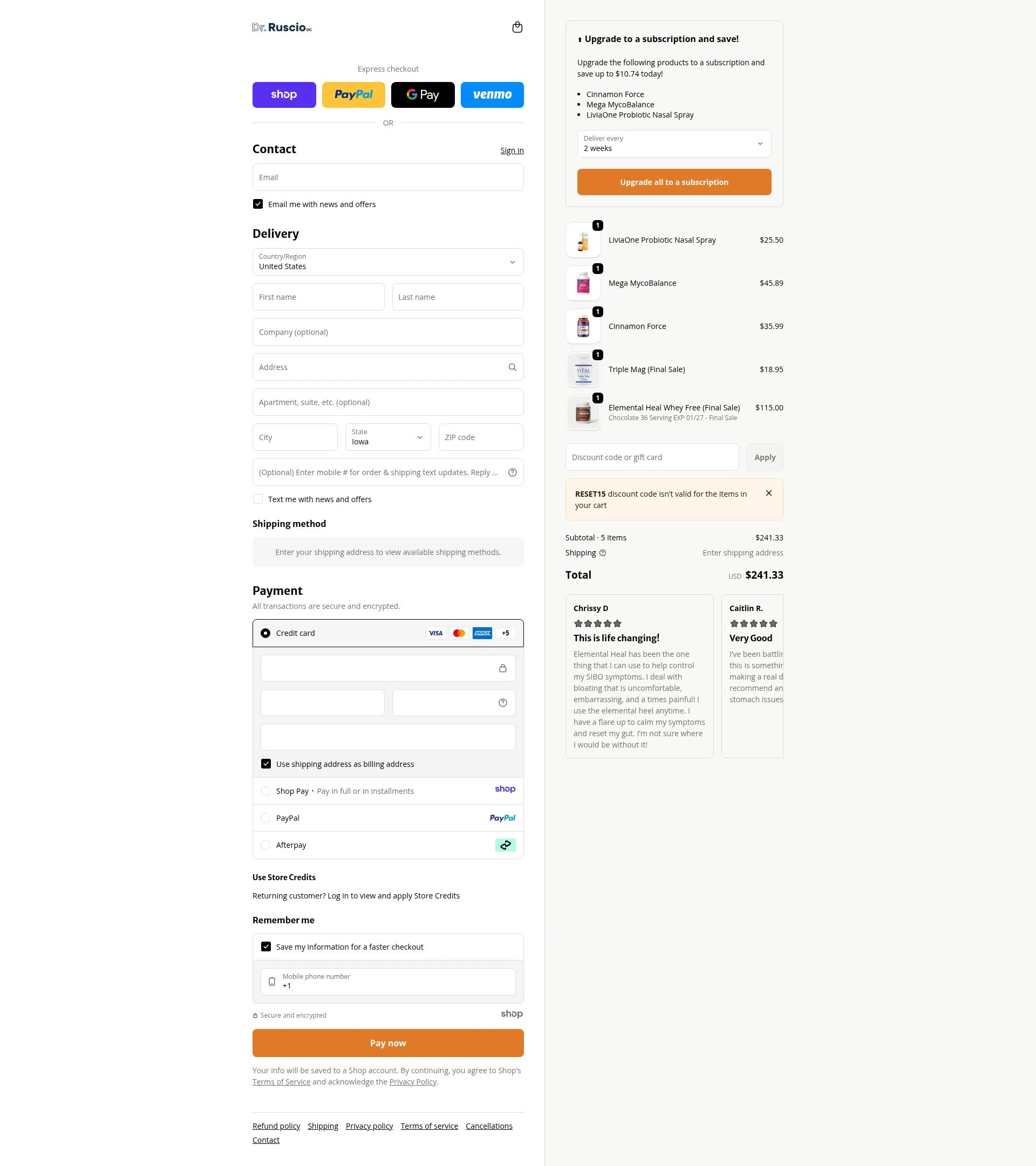 Ruscio Institute Online Store checkout page showing Ruscio Institute Online Store promo code box | Screenshot taken by SimplyCodes community member on Jan 10, 2026