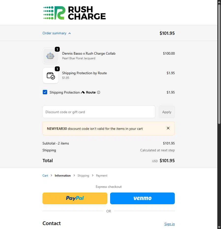 Rush Charge checkout page showing Rush Charge discount code box | Screenshot taken by SimplyCodes community member on Dec 31, 2025