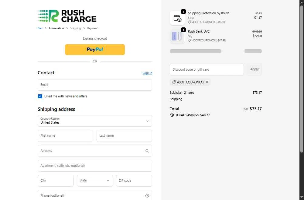 Rush Charge checkout page showing Rush Charge discount code box | Screenshot taken by SimplyCodes community member on Feb 2, 2026