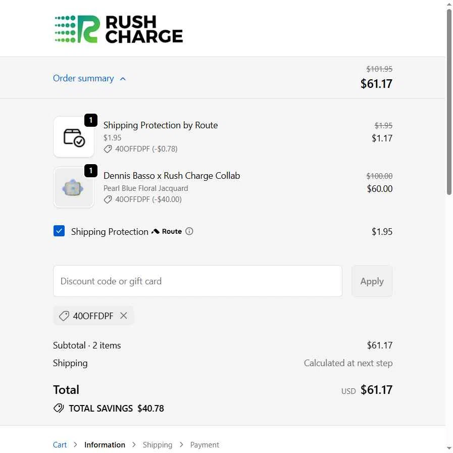 Rush Charge checkout page showing Rush Charge discount code box | Screenshot taken by SimplyCodes community member on Feb 2, 2026