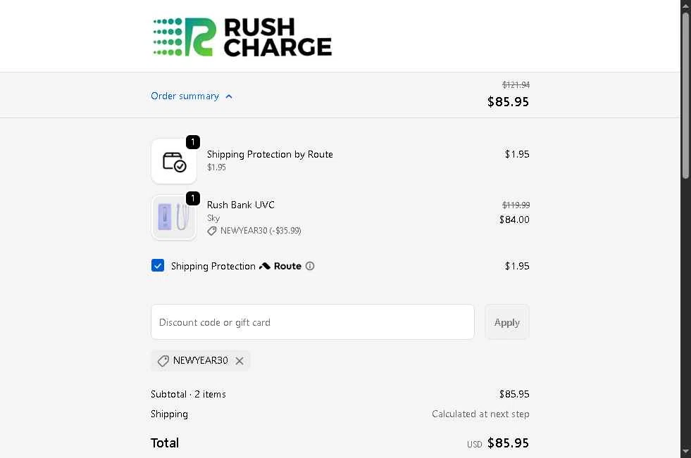 Rush Charge checkout page showing Rush Charge discount code box | Screenshot taken by SimplyCodes community member on Jan 29, 2026