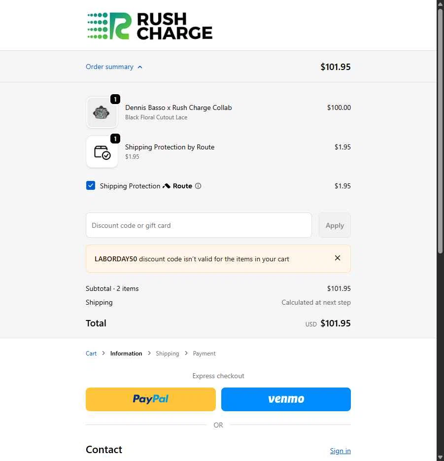 Rush Charge checkout page showing Rush Charge discount code box | Screenshot taken by SimplyCodes community member on Jan 15, 2026