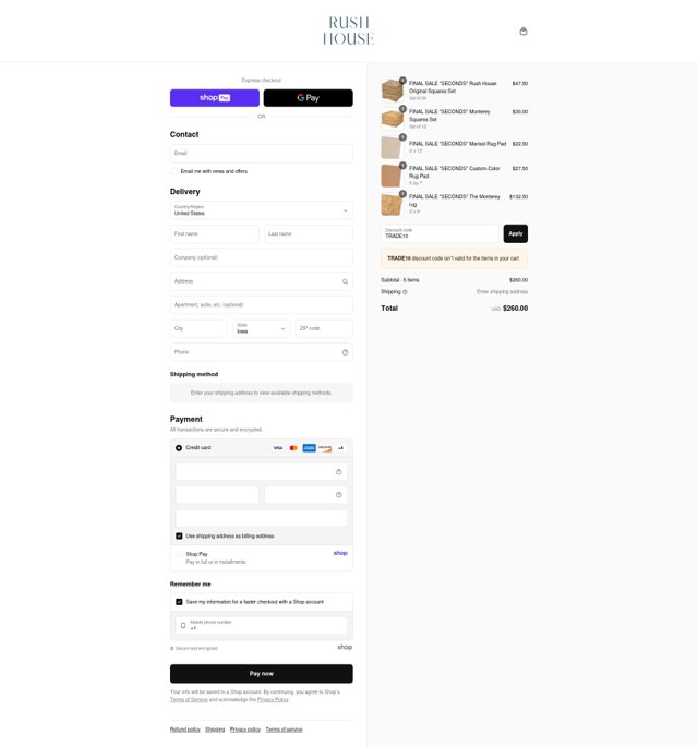 Rush House checkout page showing Rush House discount code box | Screenshot taken by SimplyCodes community member on Aug 28, 2025