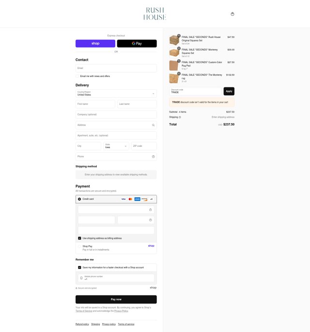 Rush House checkout page showing Rush House discount code box | Screenshot taken by SimplyCodes community member on Sep 6, 2025