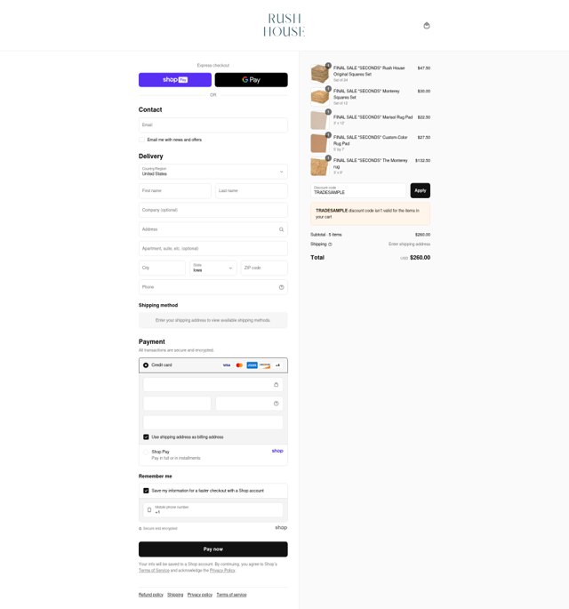 Rush House checkout page showing Rush House discount code box | Screenshot taken by SimplyCodes community member on Aug 28, 2025