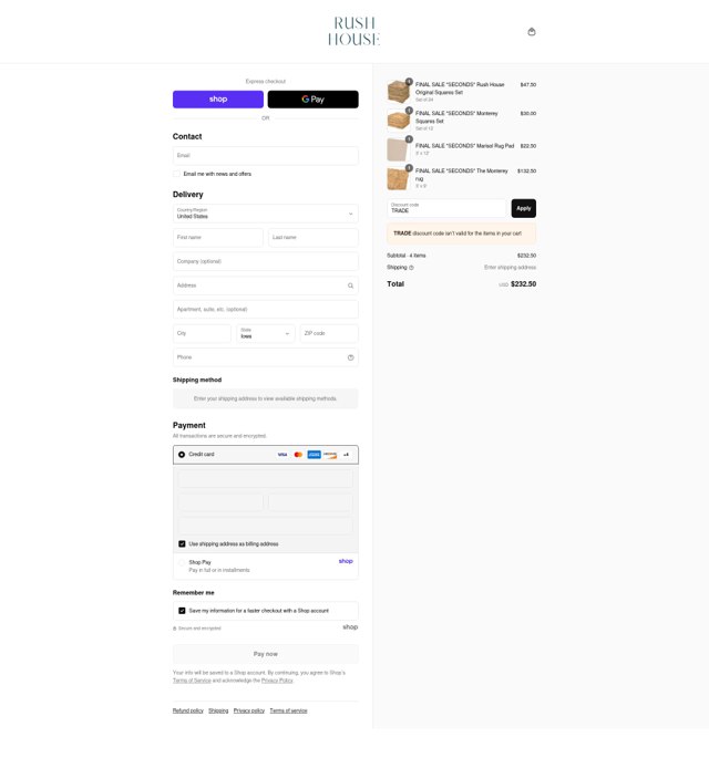 Rush House checkout page showing Rush House discount code box | Screenshot taken by SimplyCodes community member on Sep 1, 2025