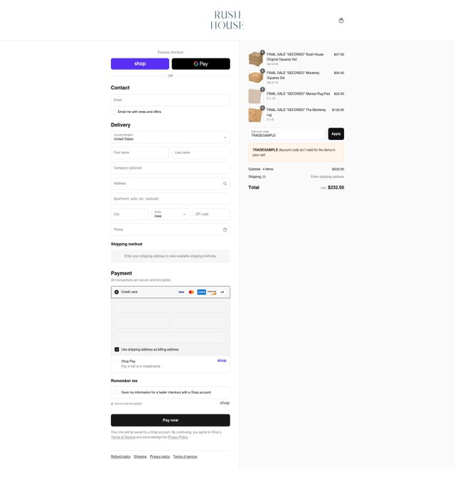 Rush House checkout page showing Rush House discount code box | Screenshot taken by SimplyCodes community member on Sep 1, 2025