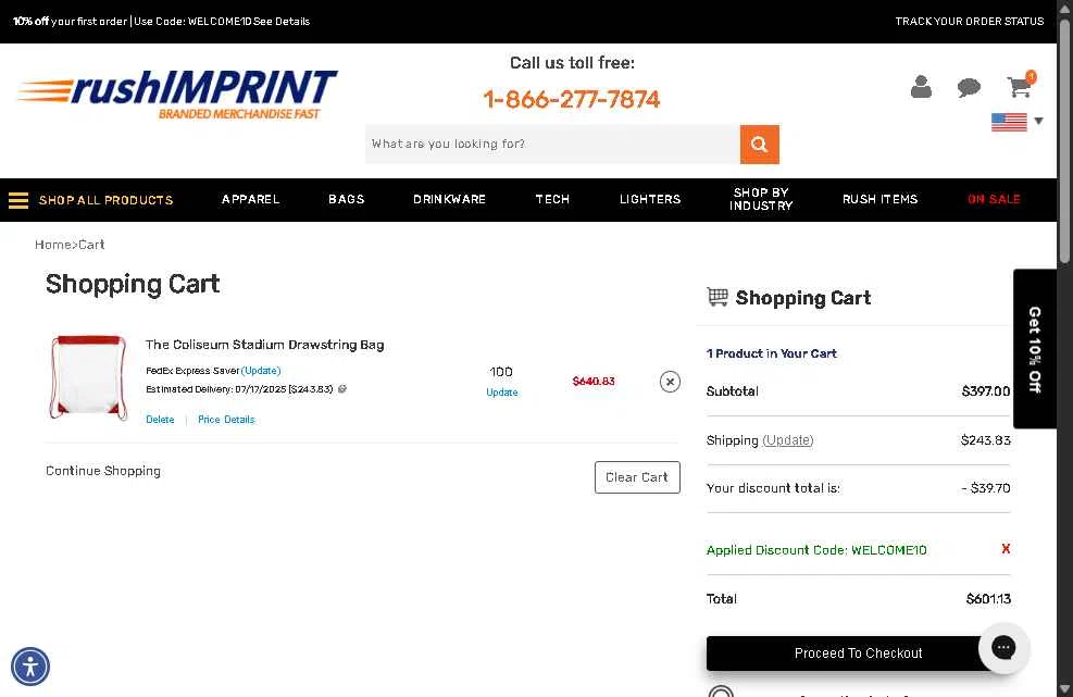 rushIMPRINT checkout page showing rushIMPRINT promo code box | Screenshot taken by SimplyCodes community member on Jul 5, 2025