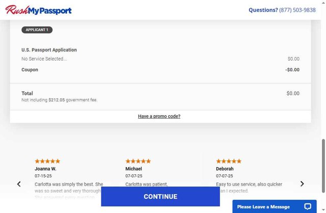 RushMyPassport checkout page showing RushMyPassport promo code box | Screenshot taken by SimplyCodes community member on Jul 16, 2025