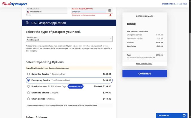 RushMyPassport checkout page showing RushMyPassport promo code box | Screenshot taken by SimplyCodes community member on Jun 26, 2025