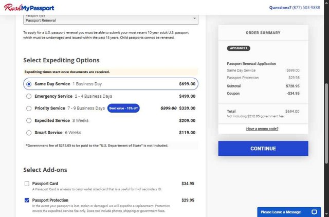 RushMyPassport checkout page showing RushMyPassport promo code box | Screenshot taken by SimplyCodes community member on Jul 16, 2025