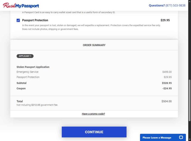 RushMyPassport checkout page showing RushMyPassport promo code box | Screenshot taken by SimplyCodes community member on Jul 16, 2025
