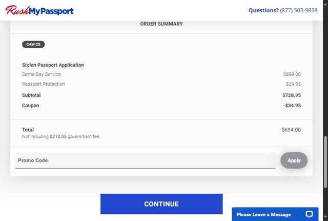 RushMyPassport checkout page showing RushMyPassport promo code box | Screenshot taken by SimplyCodes community member on Jul 16, 2025