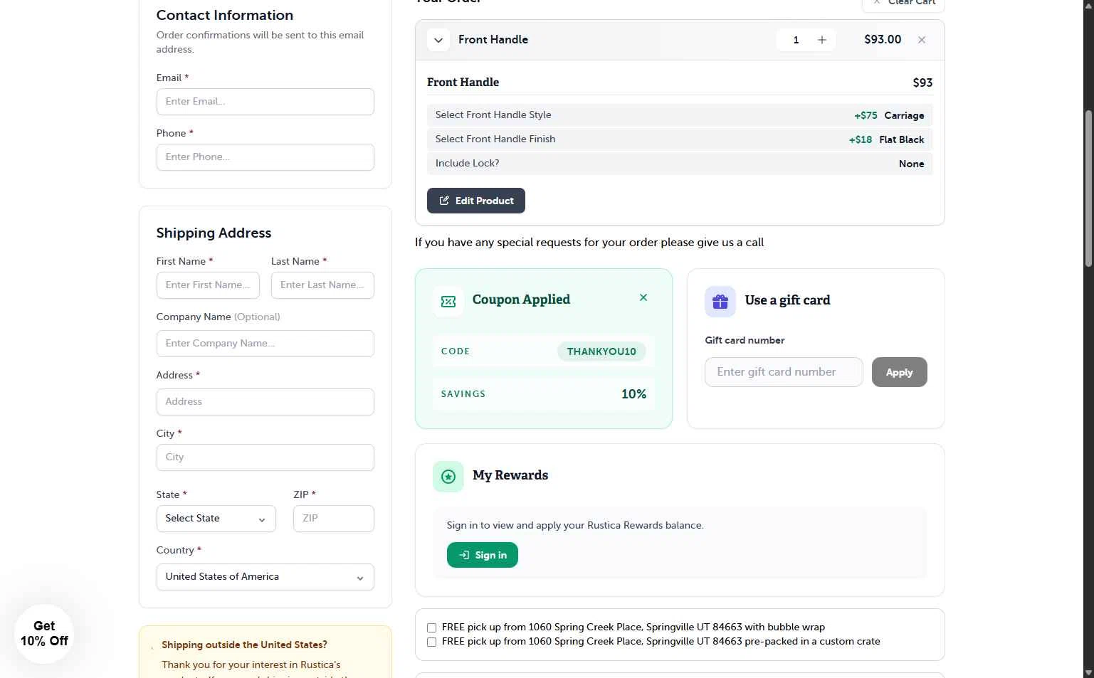 Rustica checkout page showing Rustica coupon code box | Screenshot taken by SimplyCodes community member on Dec 10, 2025
